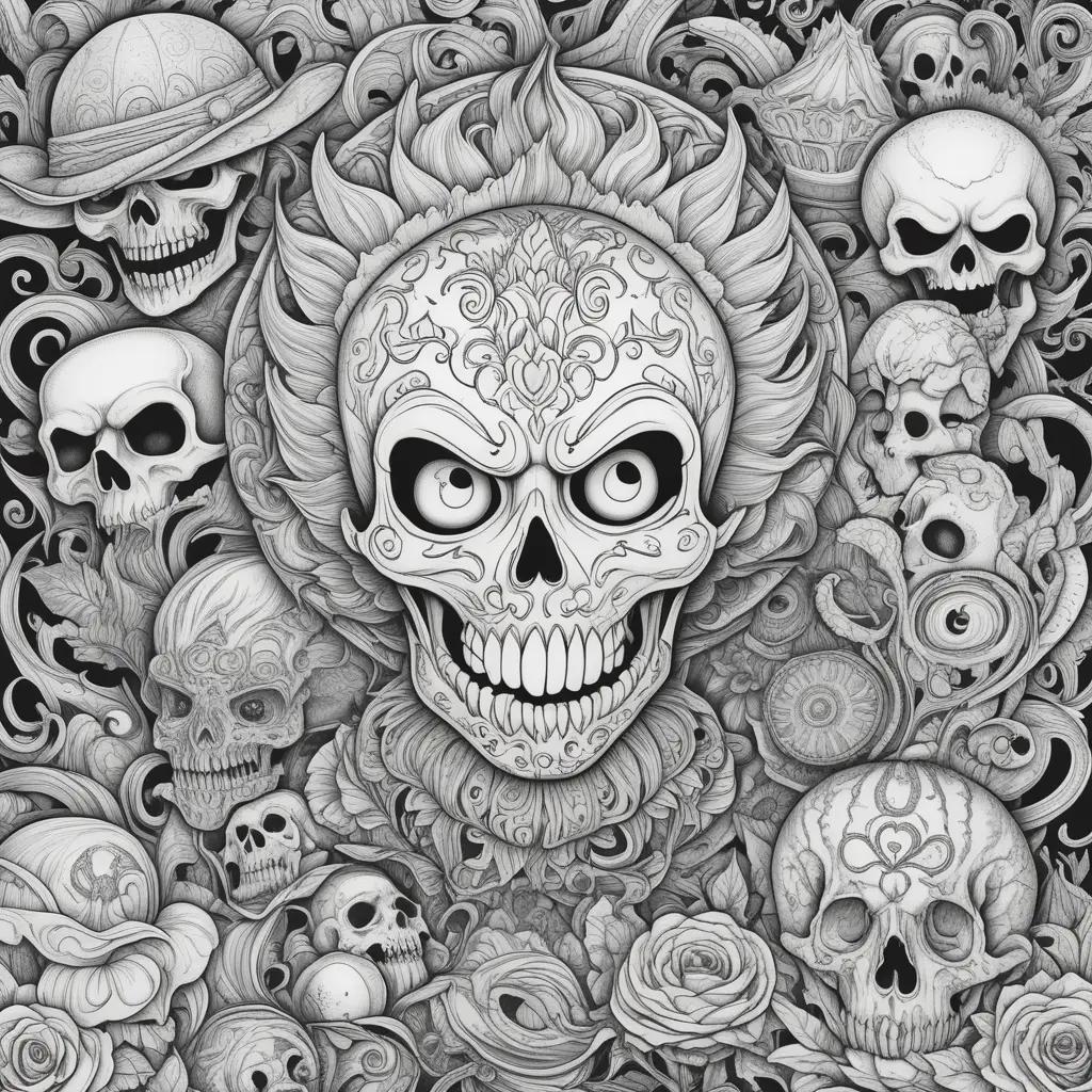 Horror coloring pages with skulls, flowers, and roses