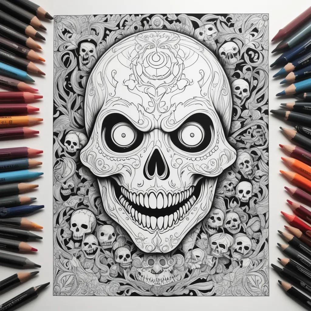 Horror movie coloring pages with skulls and other designs