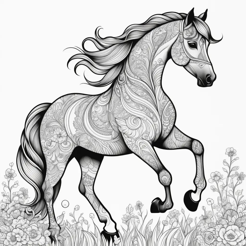 Horse coloring page with flowers, a background and a pattern