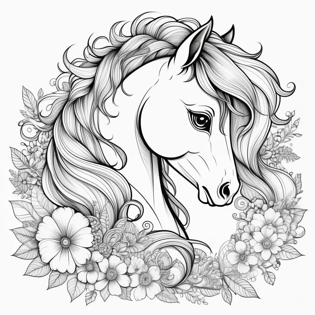 Horse coloring page with flowers and leaves