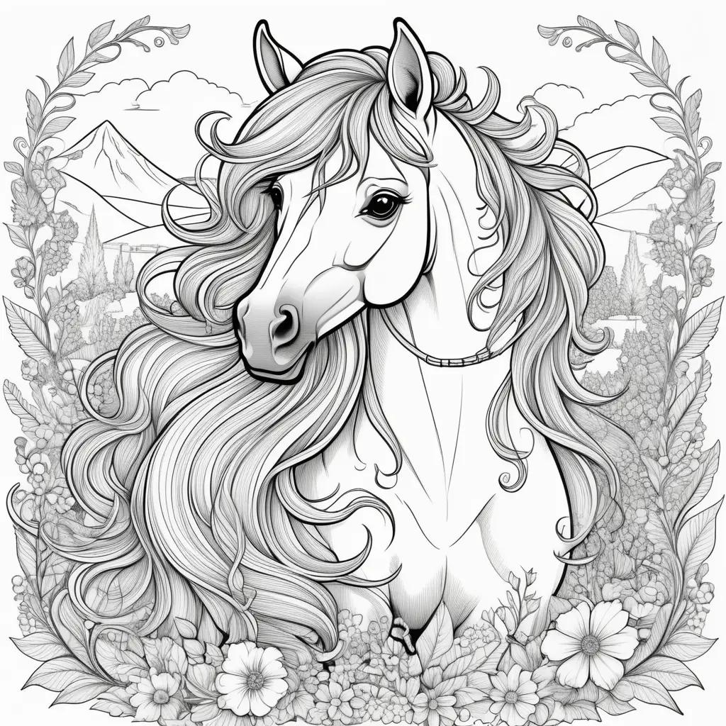 Horse coloring page with flowers in the background