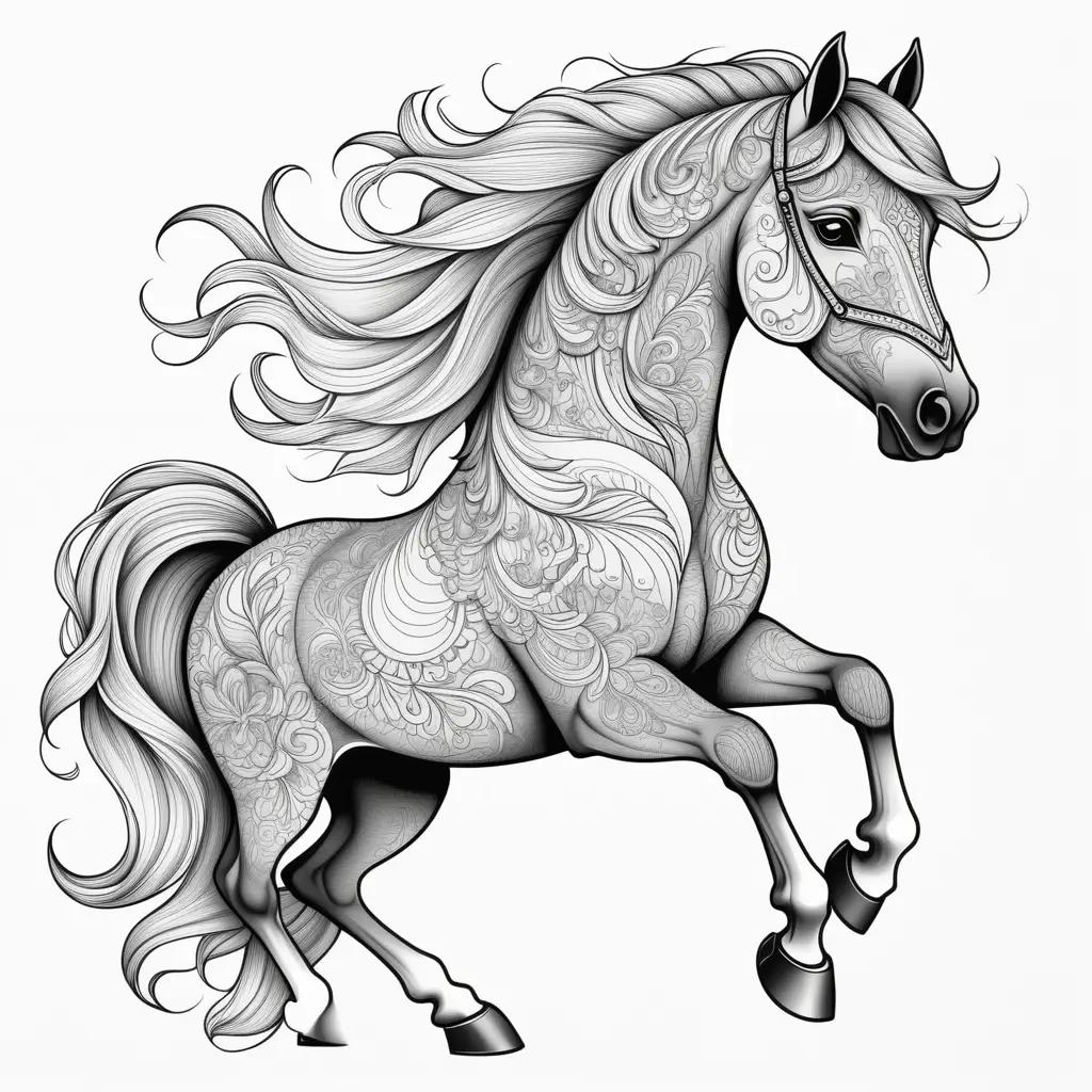 Horse coloring page with intricate black and white design