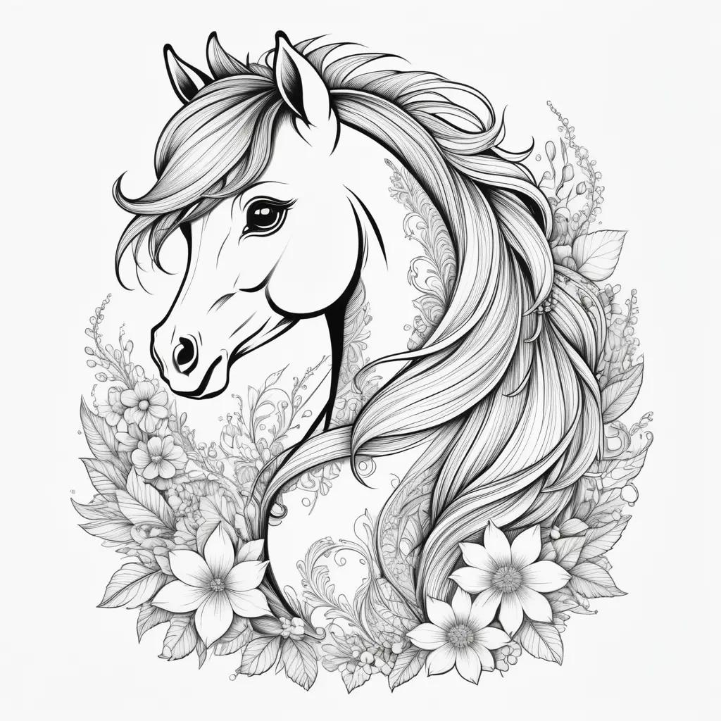 Horse coloring pages for kids with flowers