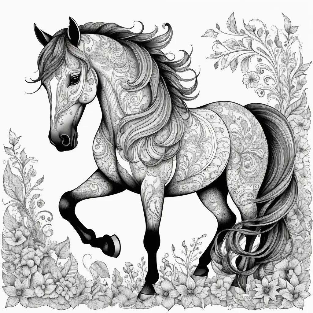 Horse coloring pages with intricate patterns and flowers