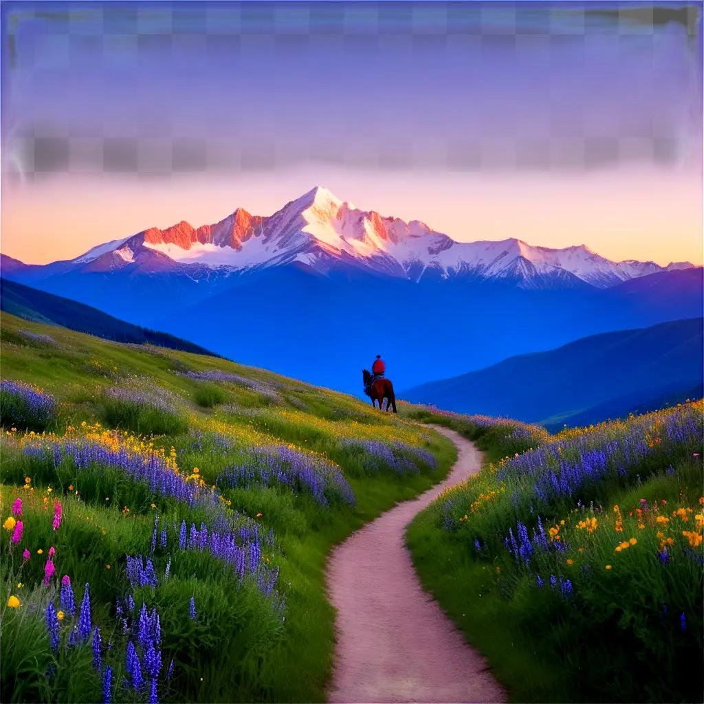 Horseback rider on scenic mountain trail with snow-capped peaks in background