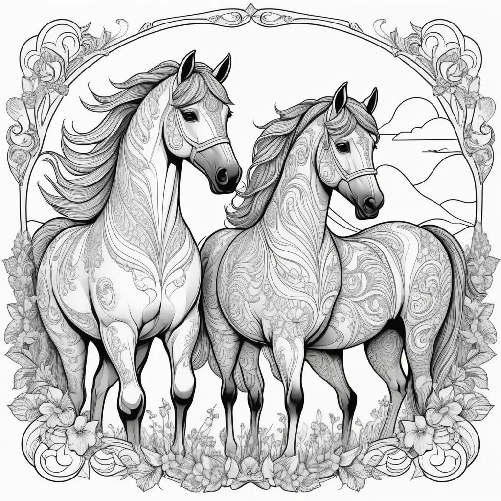 Horses Coloring Pages: A beautiful black and white drawing of two horses standing in a field