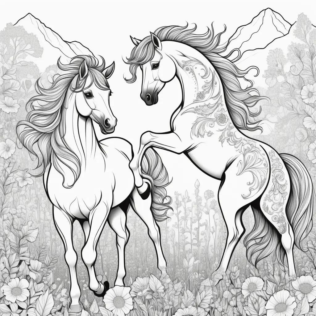 Horses Coloring Pages: Black and White Art with Flowers