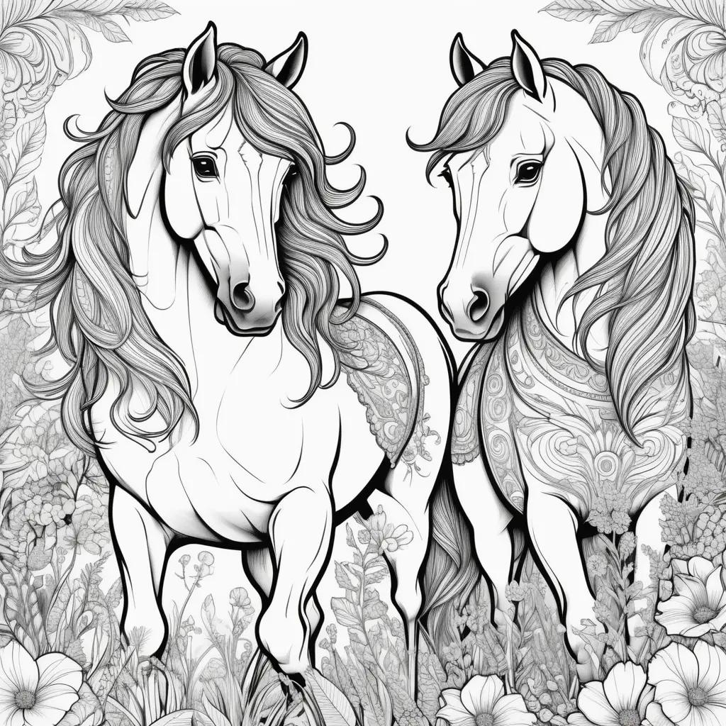 Horses Coloring Pages: Black and White Artwork with Flowers