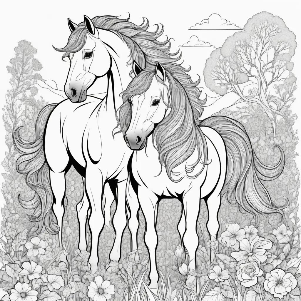 Horses coloring pages with black and white design