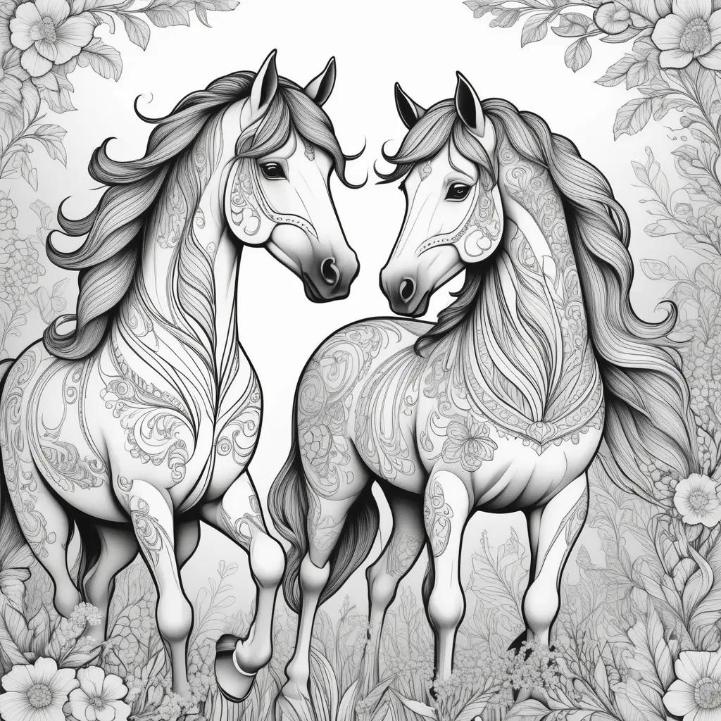 Horses coloring pages with flowers and designs