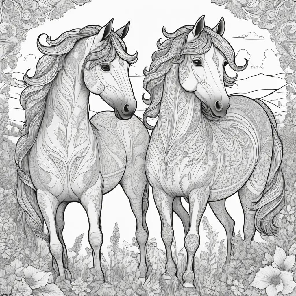 Horses in black and white coloring pages