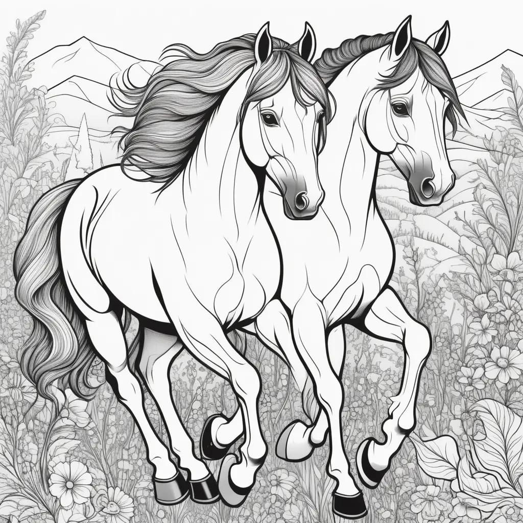 Horses running through a field with flowers coloring pages