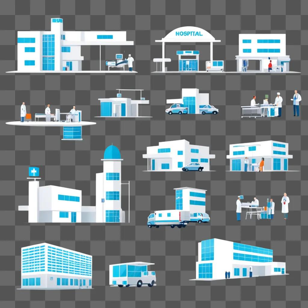 Hospital building in blue and white clipart