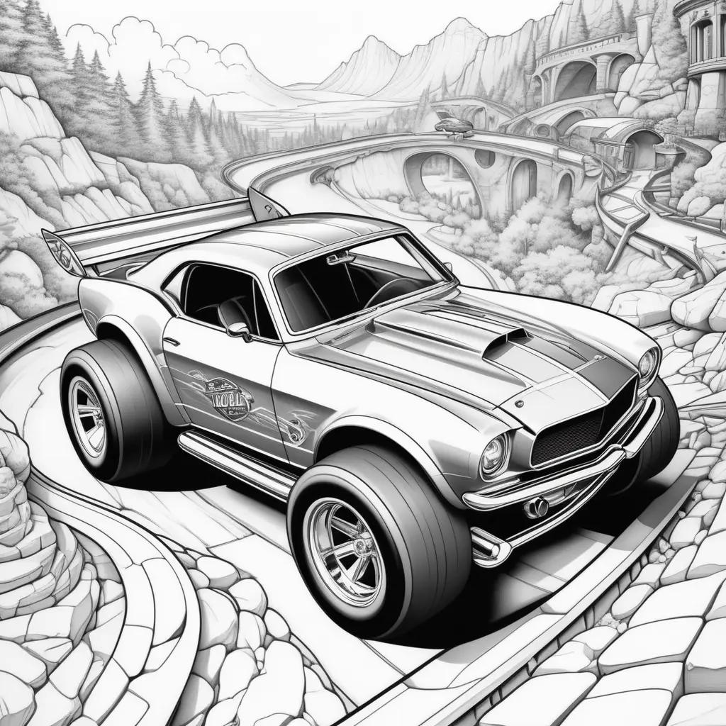 Hot Wheels Coloring Page: A Black and White Drawing of a Car on a Road