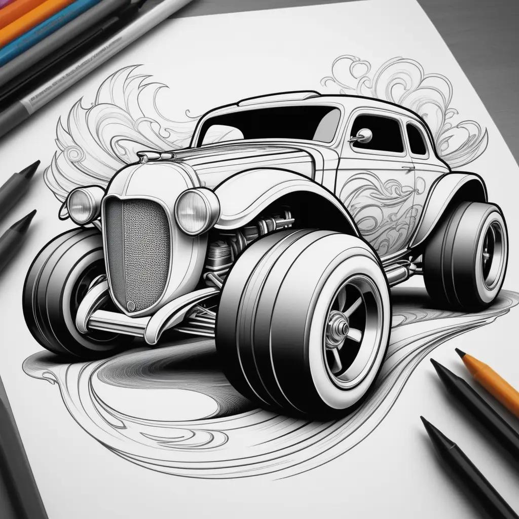 Hot Wheels Coloring Pages Featuring a Cool Car and a Pencil