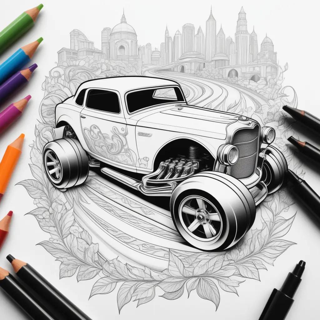 Hot Wheels coloring page: car, wheels, coloring, city, building, drawing, coloring pages, drawing, sketch