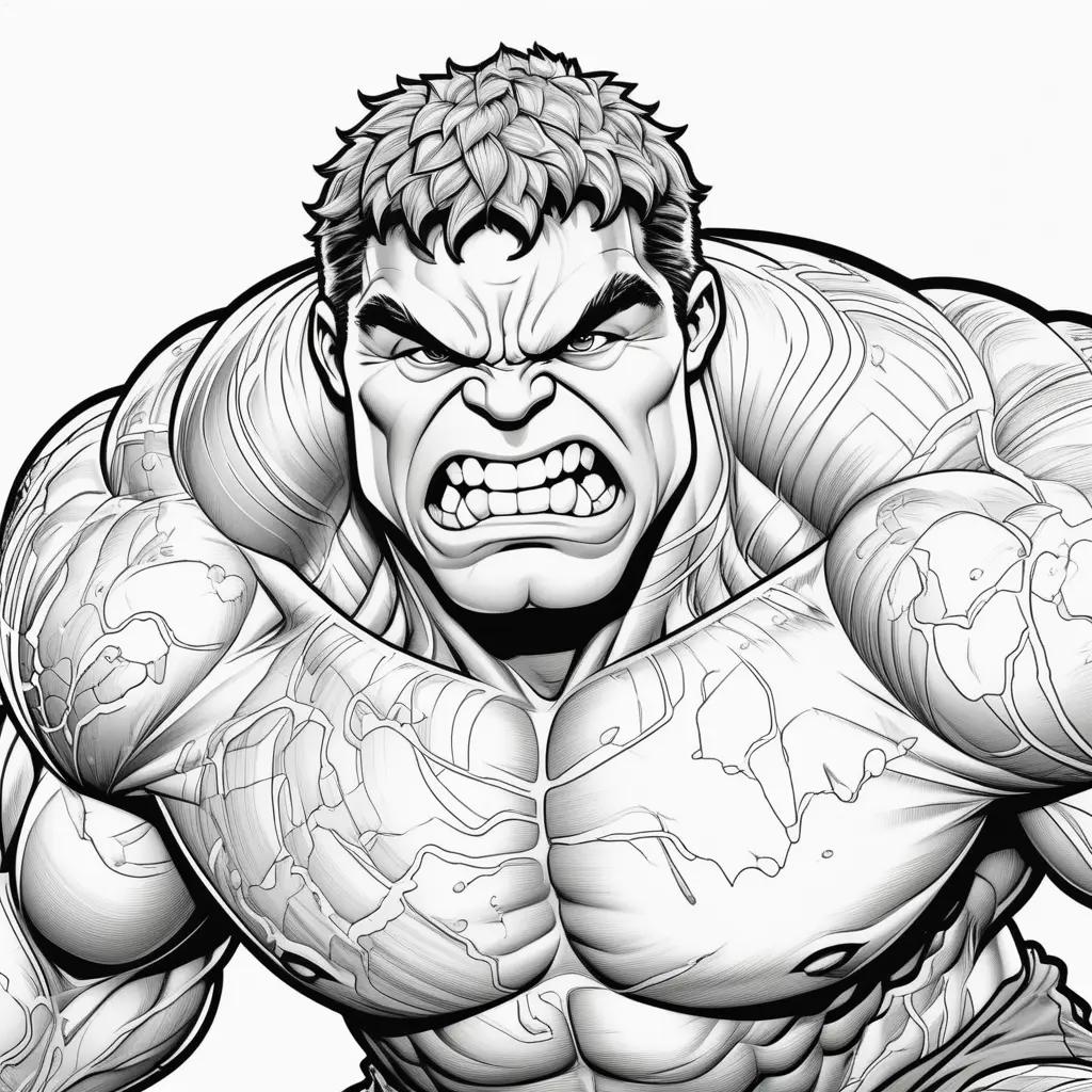 Hulk Coloring Page - a black and white illustration of a muscular man with an angry expression