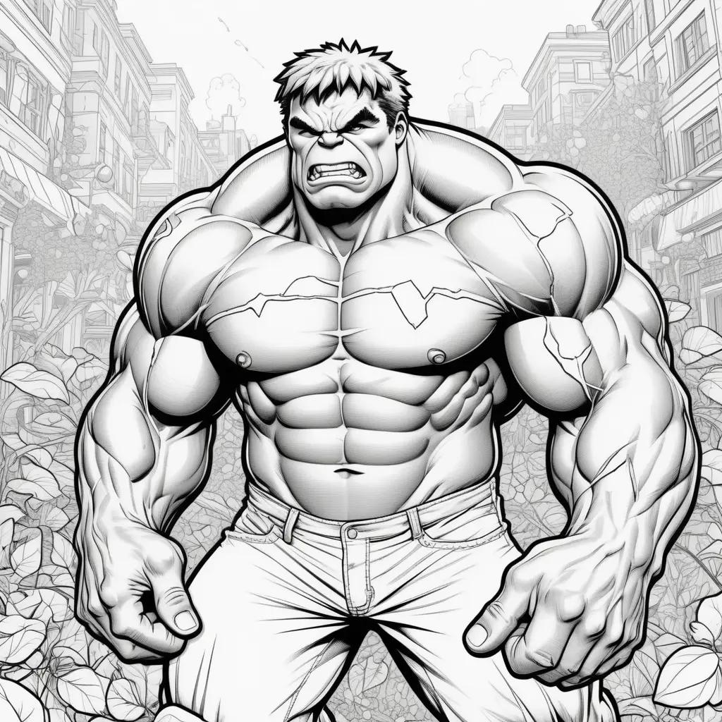 Hulk coloring page shows a muscular man with an angry face