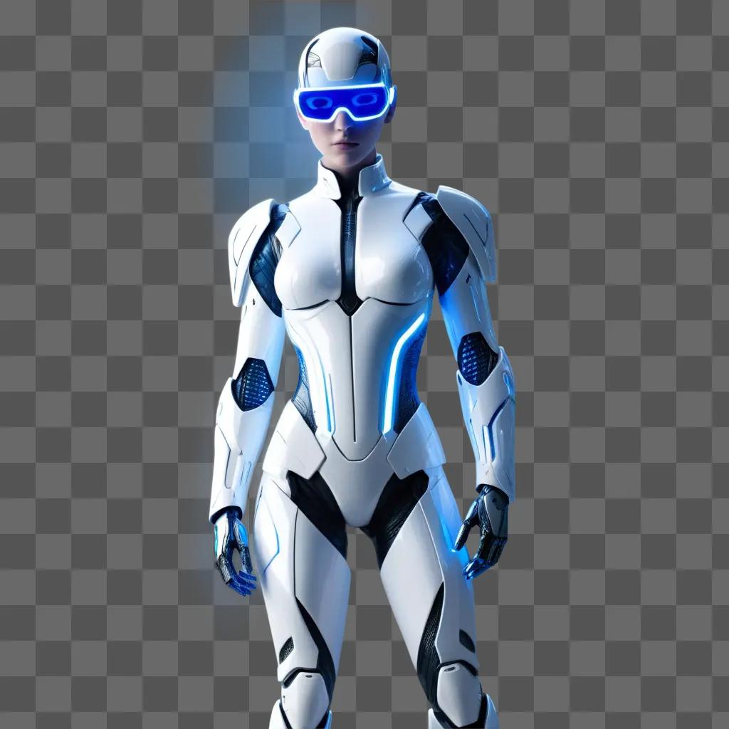 Humanoid robot with glowing blue eyes and silver armor