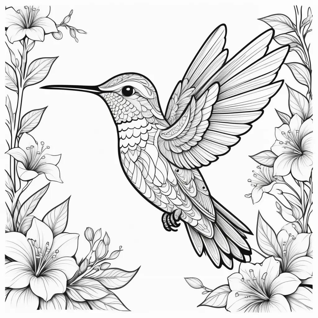 Hummingbird coloring page with black and white flowers