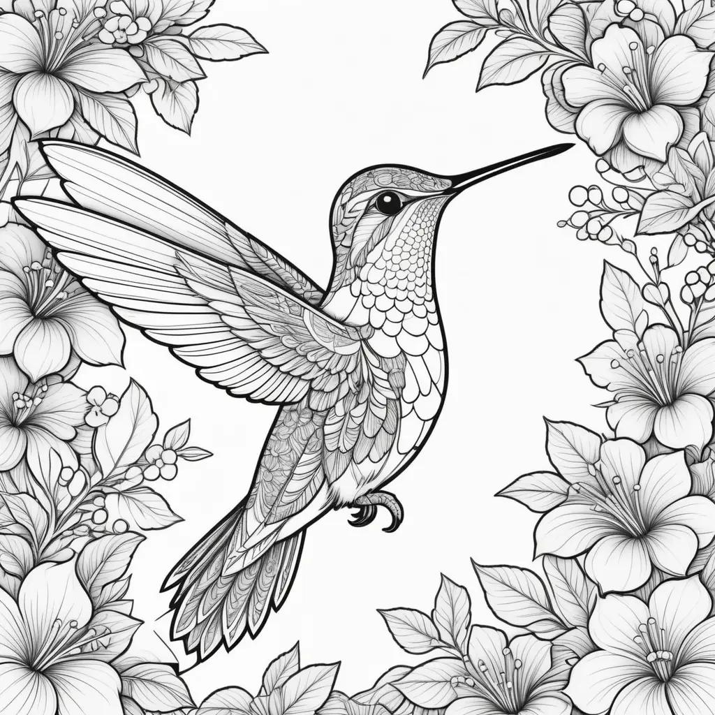 Hummingbird coloring page with flower and leaves