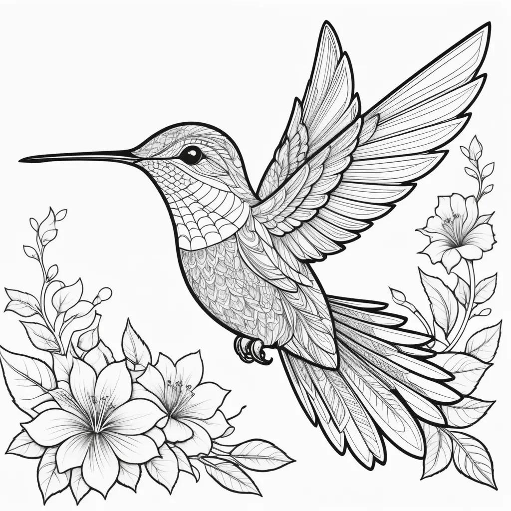 Hummingbird coloring page with intricate details and flowers