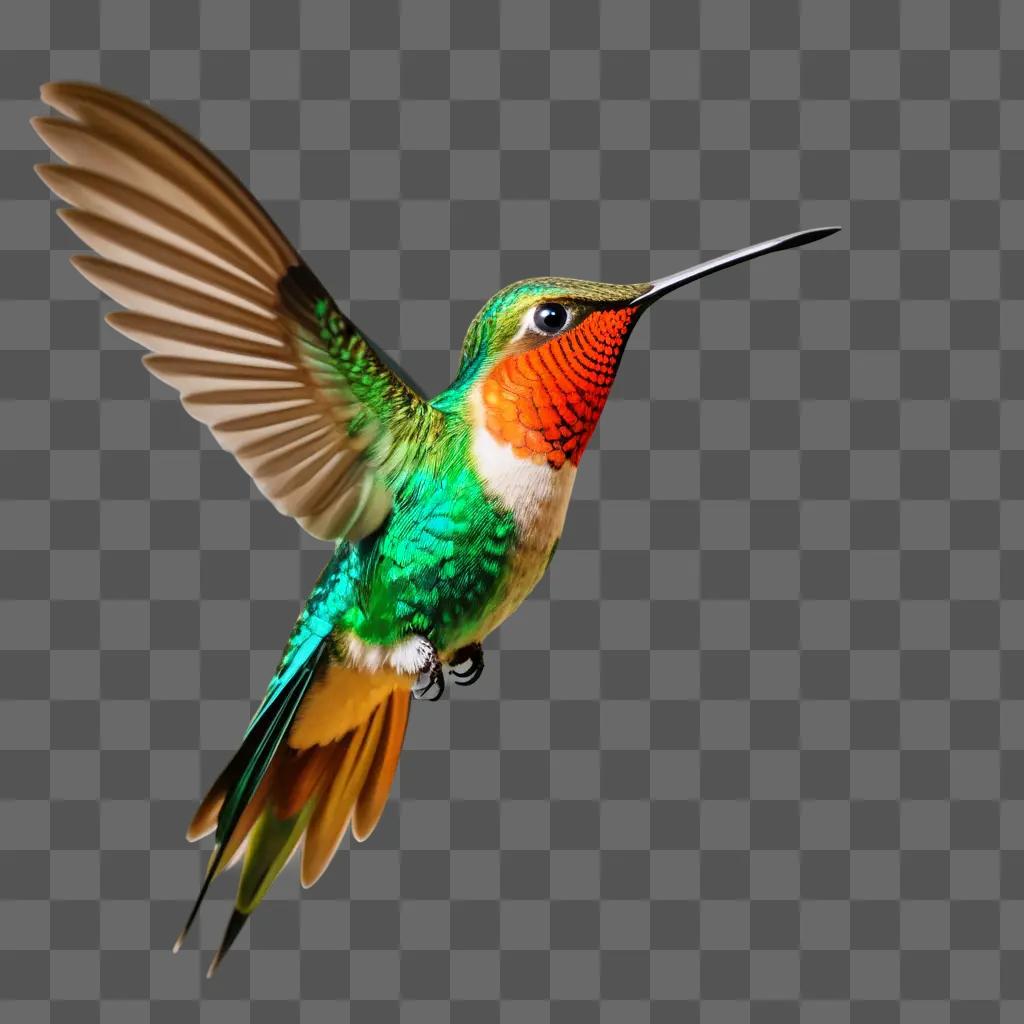 Hummingbird with multicolored wings and orange tail