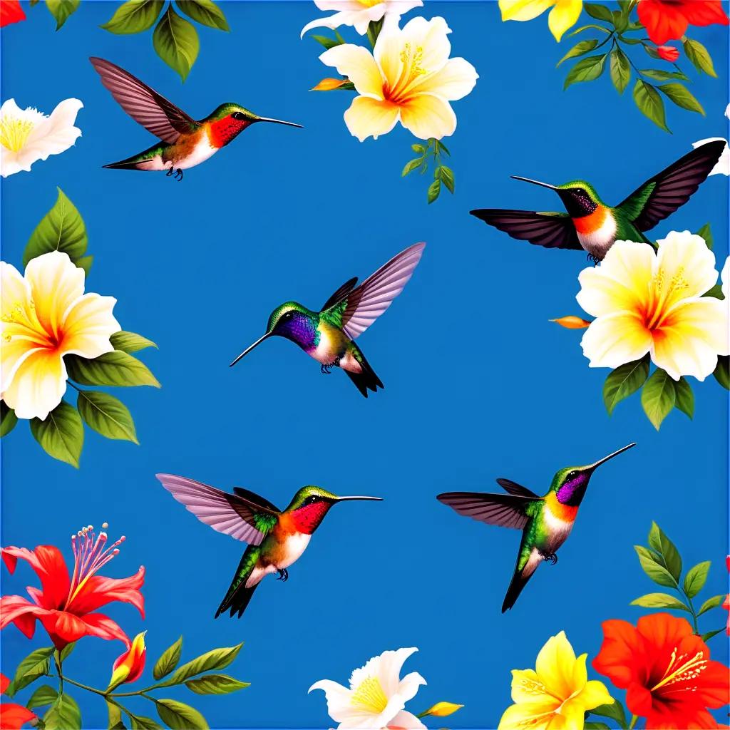 Hummingbirds flitting over a flower display