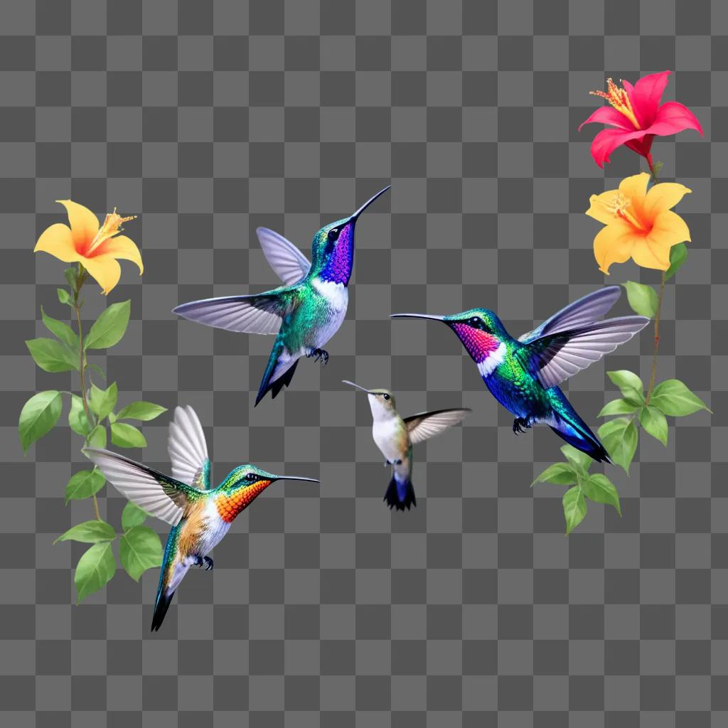 Hummingbirds flying in a field of colorful flowers