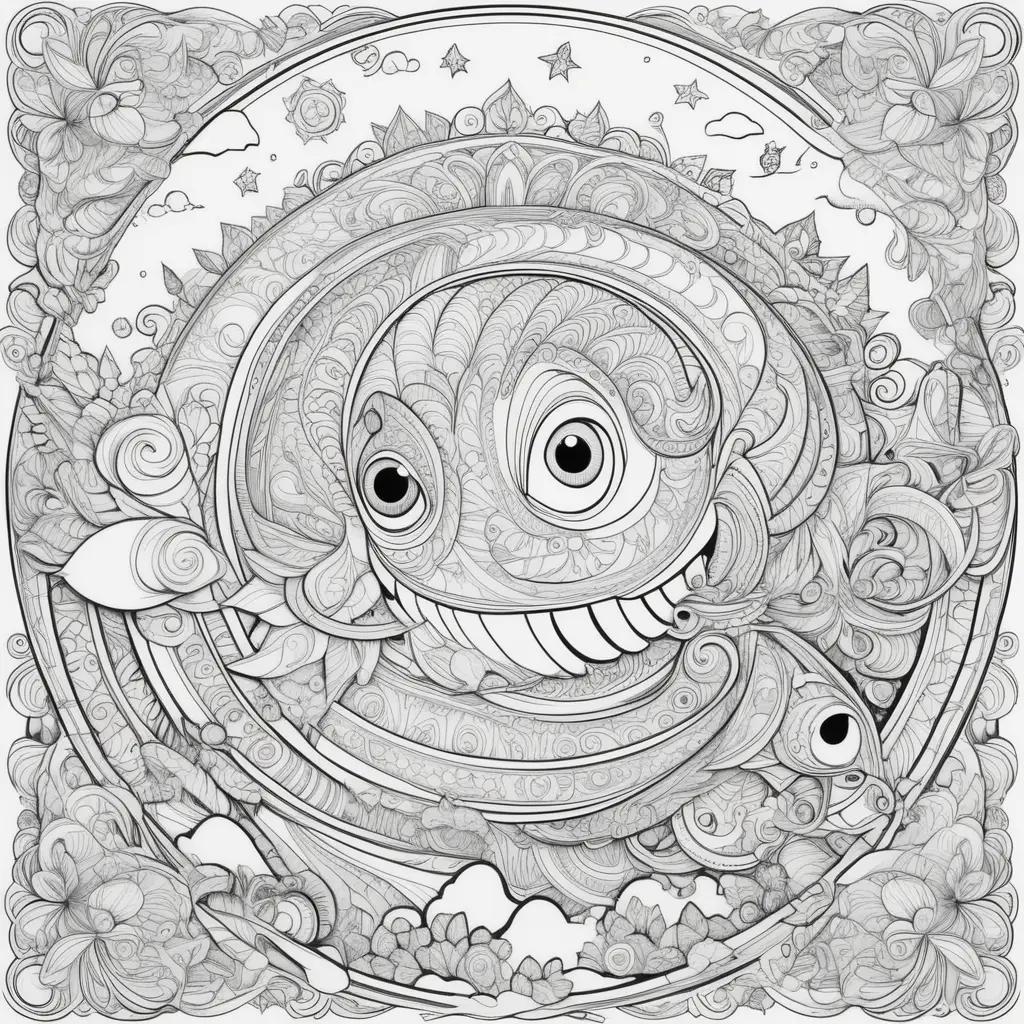 Humor coloring pages for adults with whales and fish