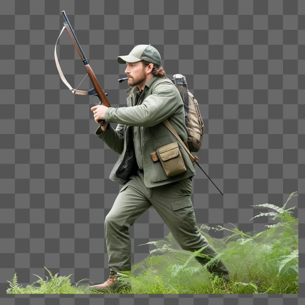 Hunter with rifle and backpack in a grassy area