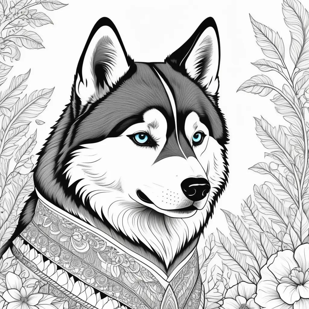 Husky coloring pages, dog design, black and white