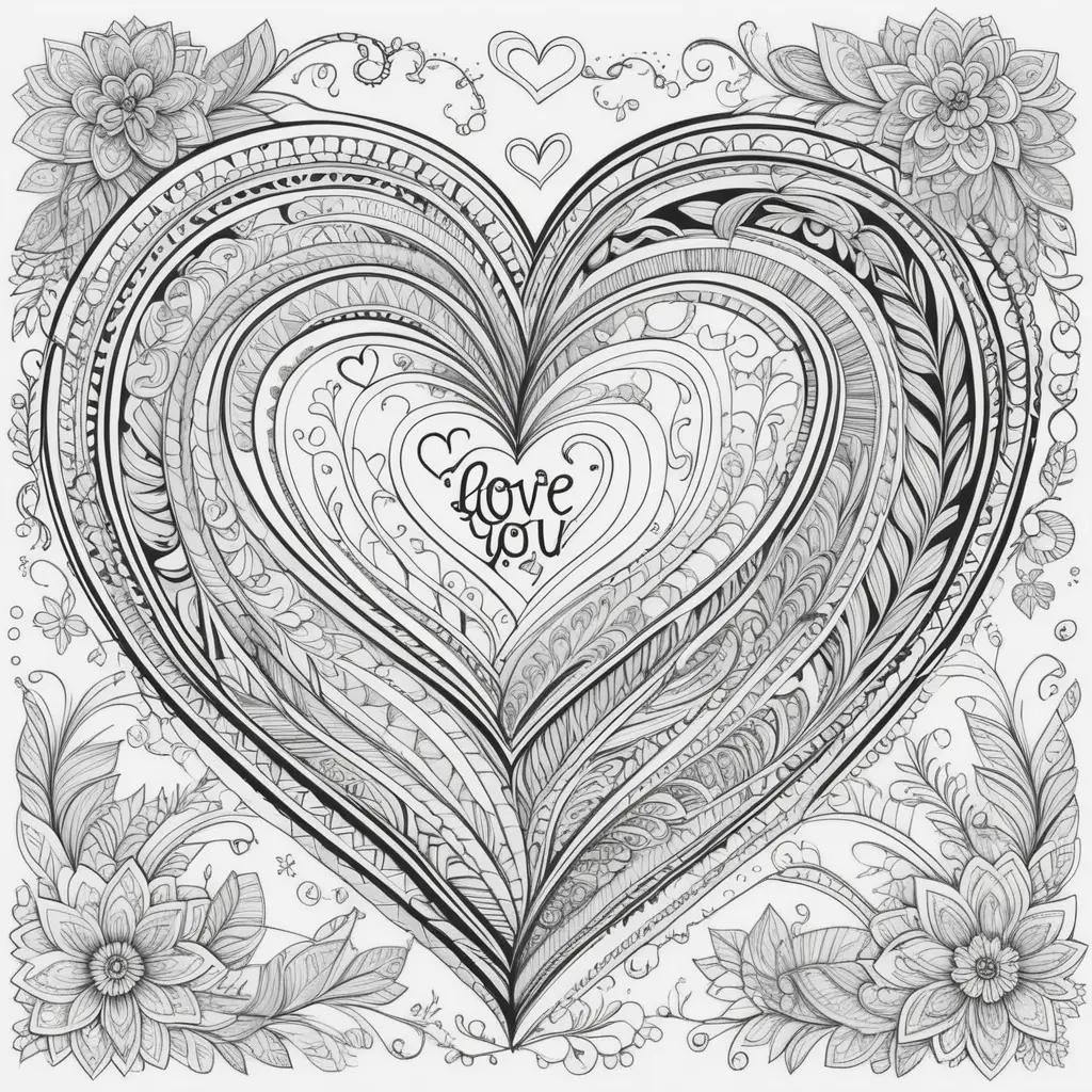 I Love You Coloring Pages: Heart with Flowers and Letters