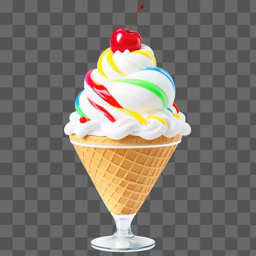 Ice cream sundae with cherry and colorful swirls