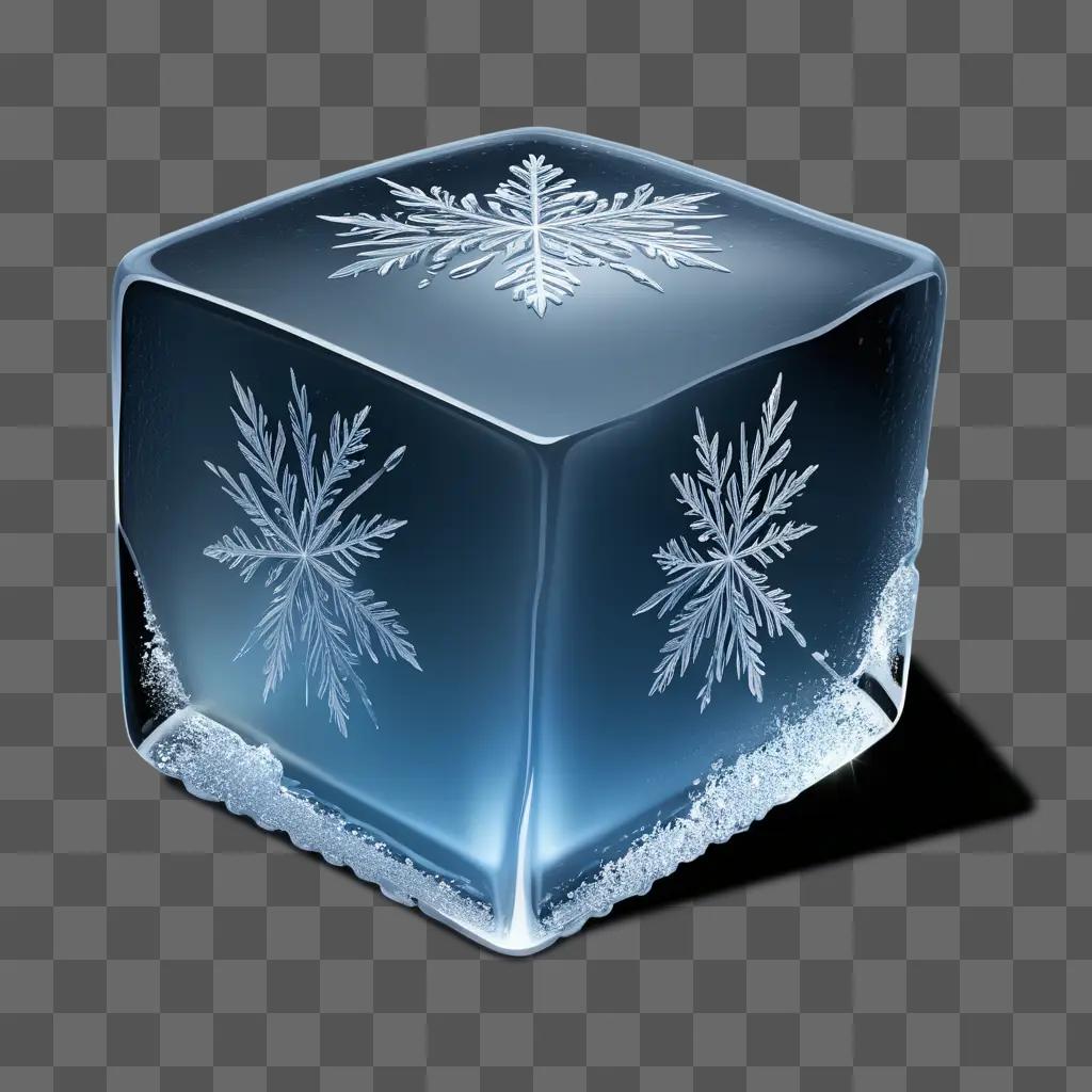 Ice cube with snowflakes on a blue background