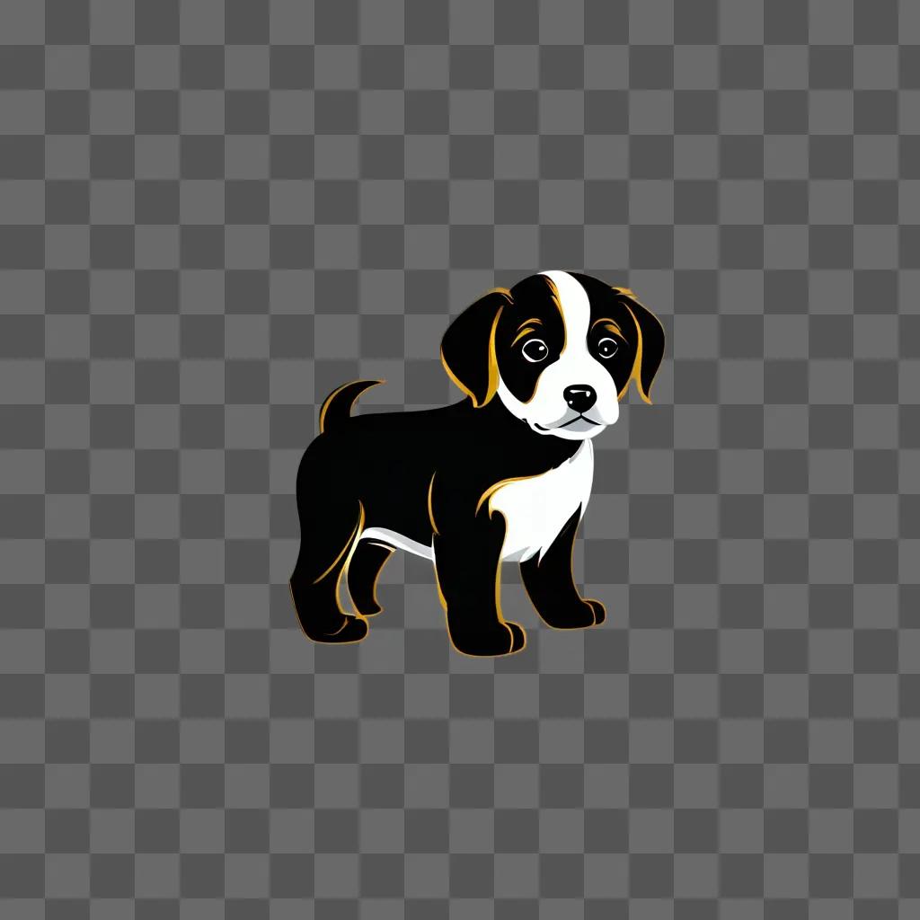 Illustrated black and white puppy on a dark background