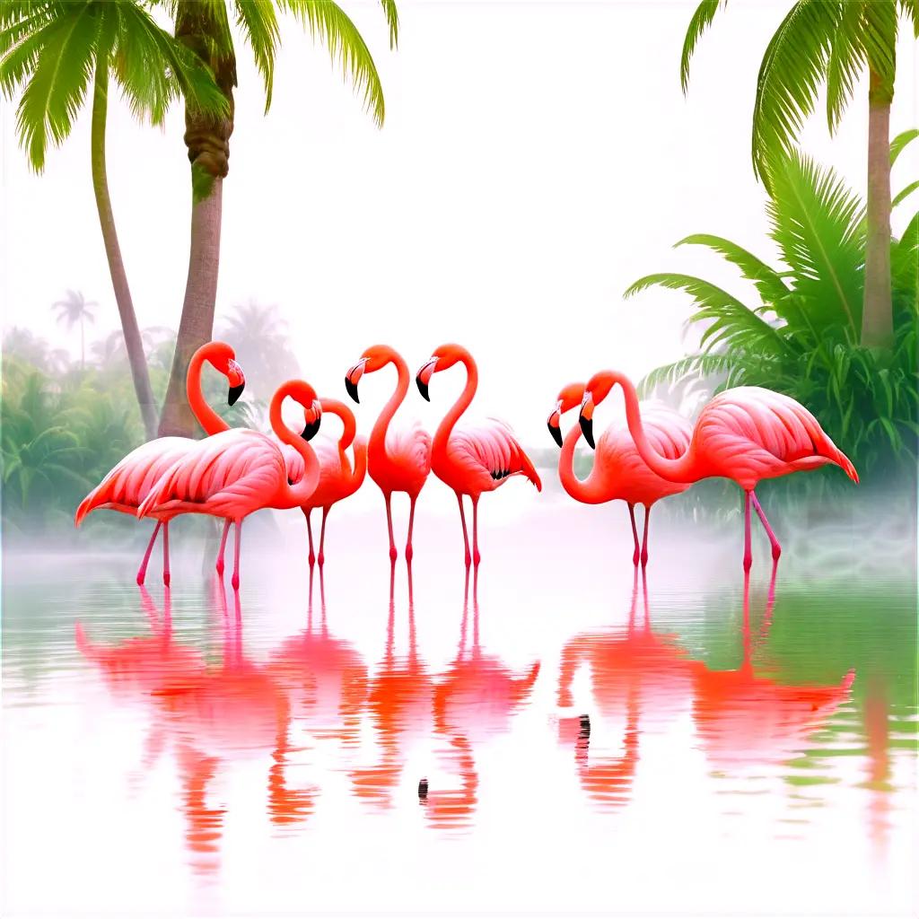 Illustrated flamingos stand in a tropical scene