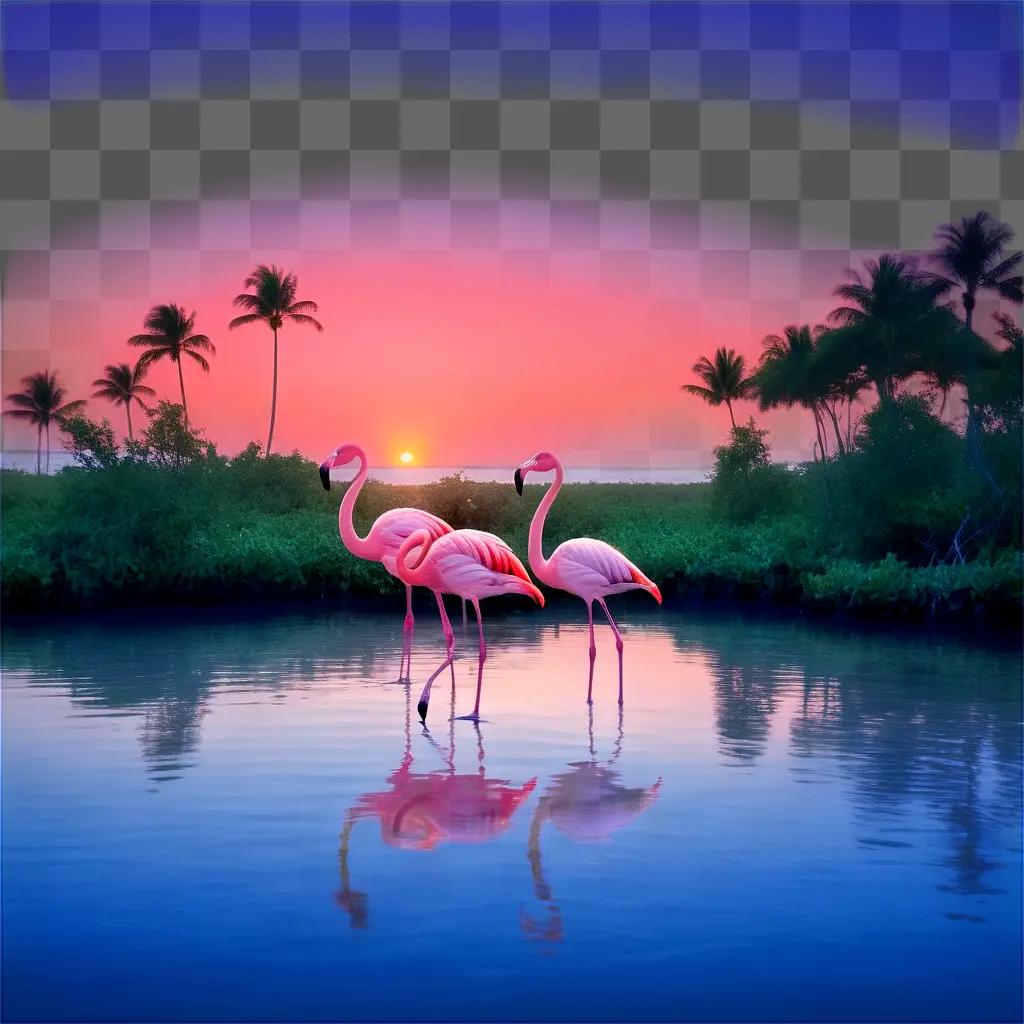 Illustrated flamingos standing in water during sunset