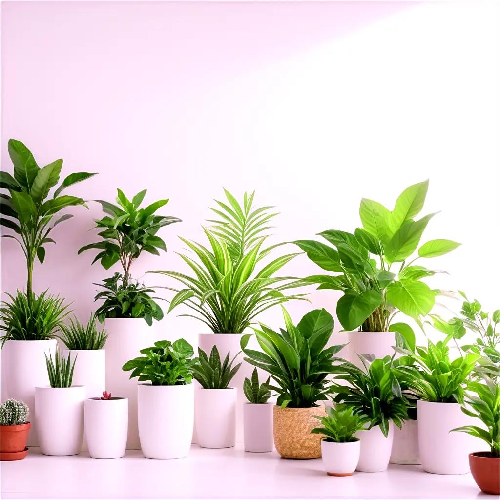 Indoor plants in white pots on a white wall