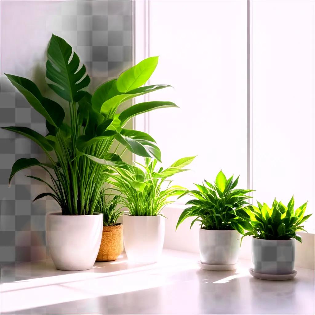 Indoor plants sit on a window sill