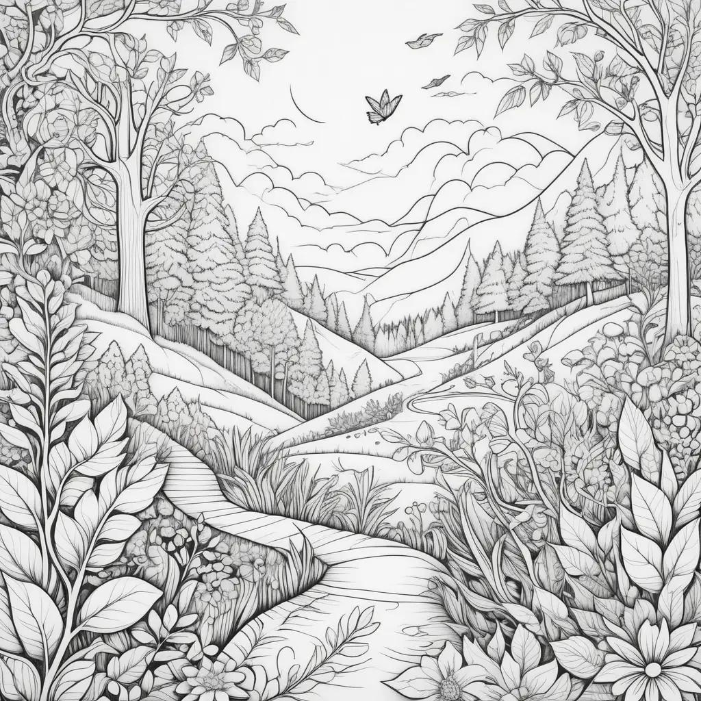 Inspirational Coloring Pages - A black and white drawing of a serene forest scene with birds, flowers, and trees