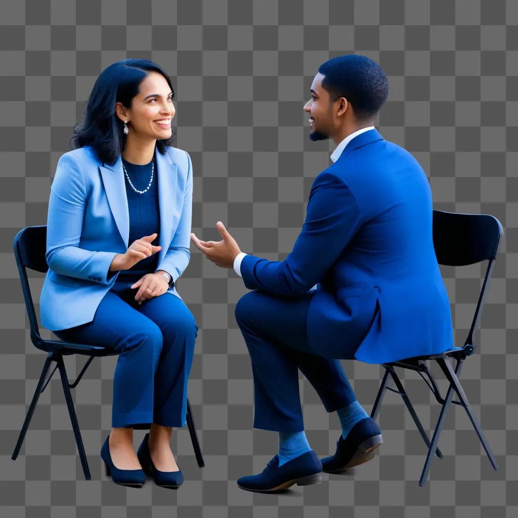 Interview with a man and woman in blue jackets