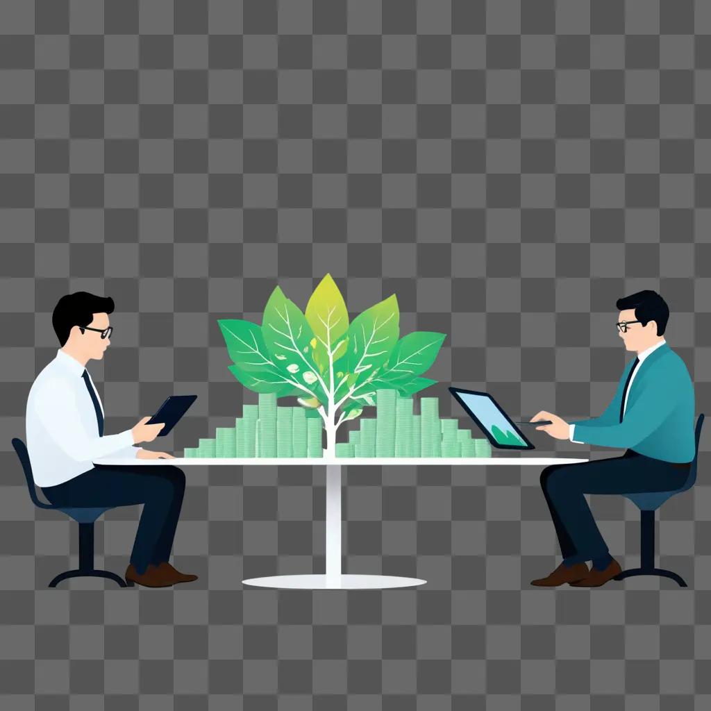 Investors analyze a green tree on a white table