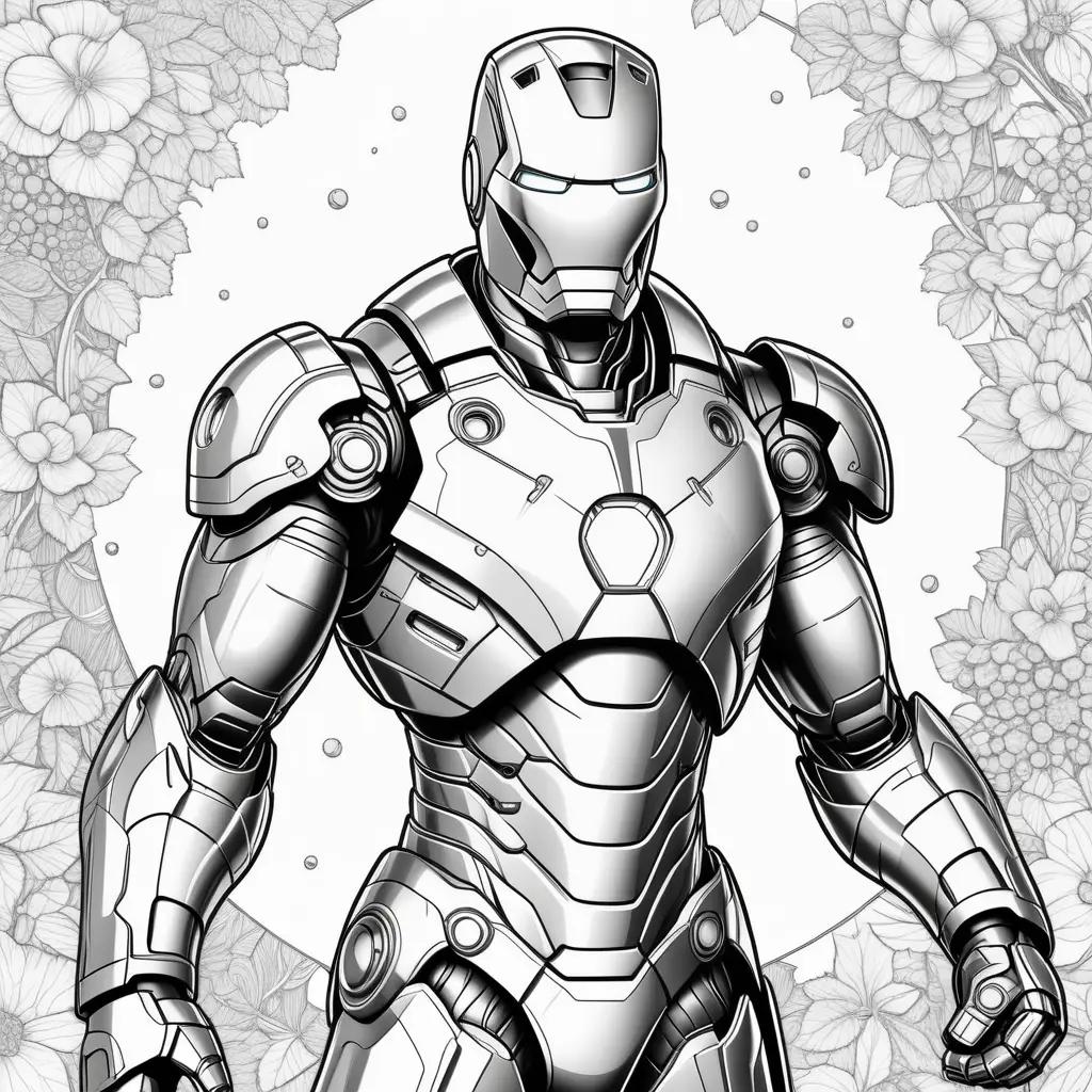 Ironman coloring page with flowers and white background