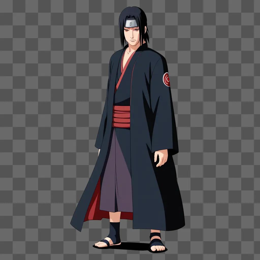 Itachi, in black, standing against a black background