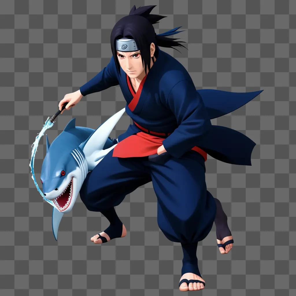 Itachi poses with a shark in a martial arts pose