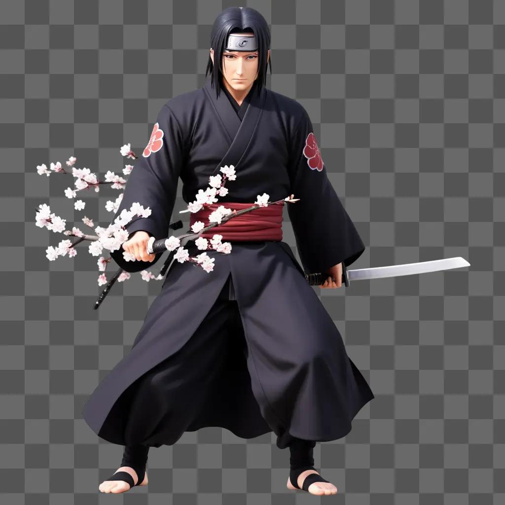 Itachi wielding a sword and holding a flower