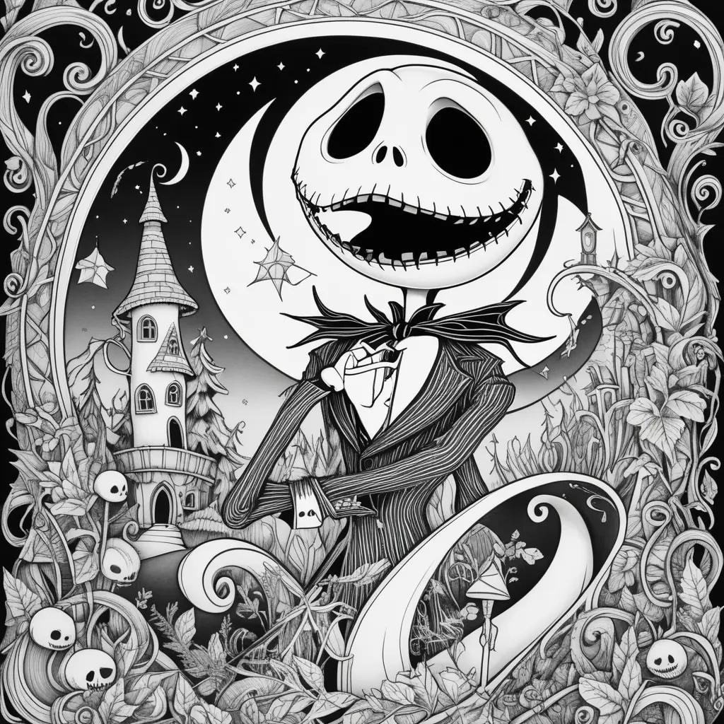 Jack Skellington, creepy Jack-o-Lantern, and scary tree in black and white coloring pages