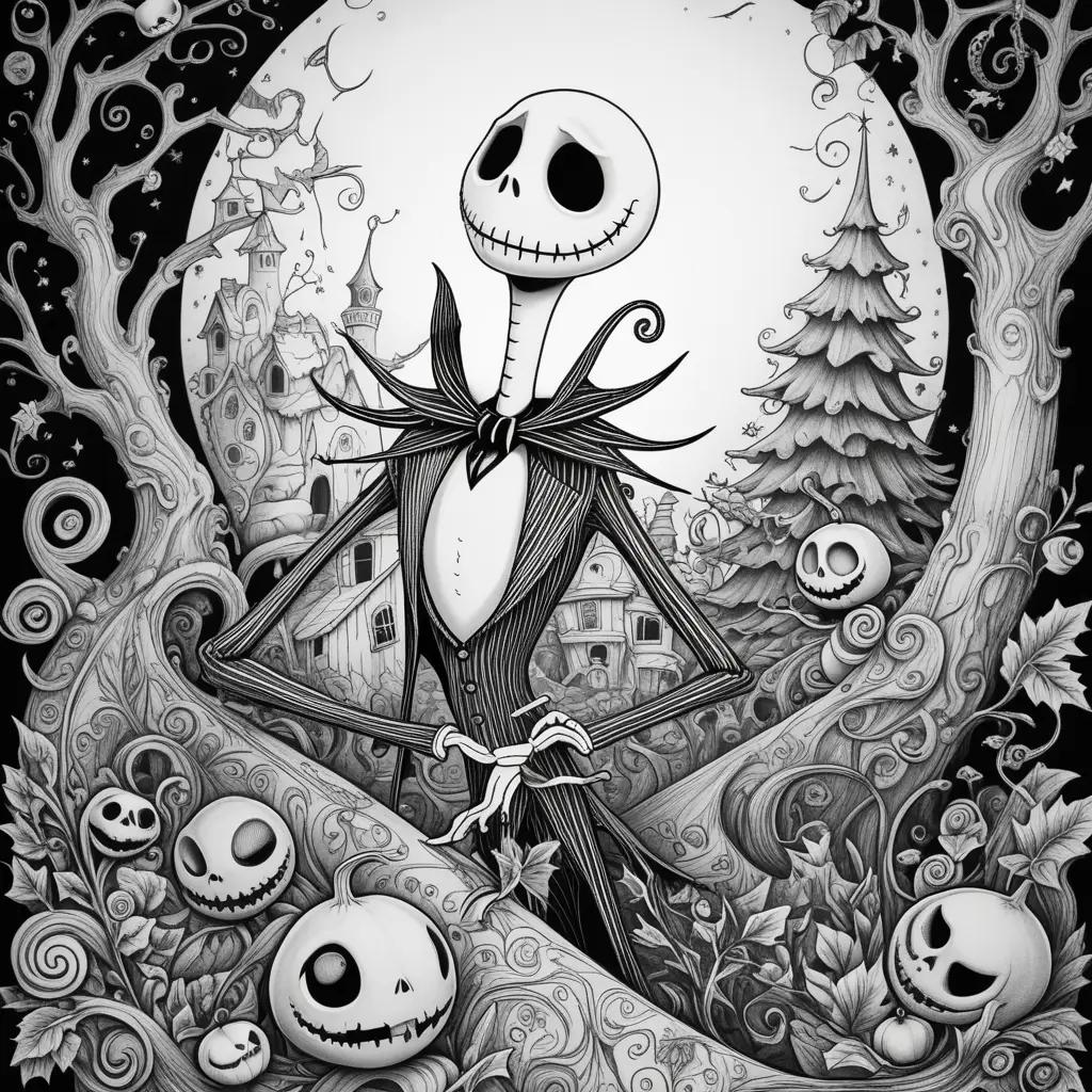 Jack Skellington and pumpkins in black and white color pages