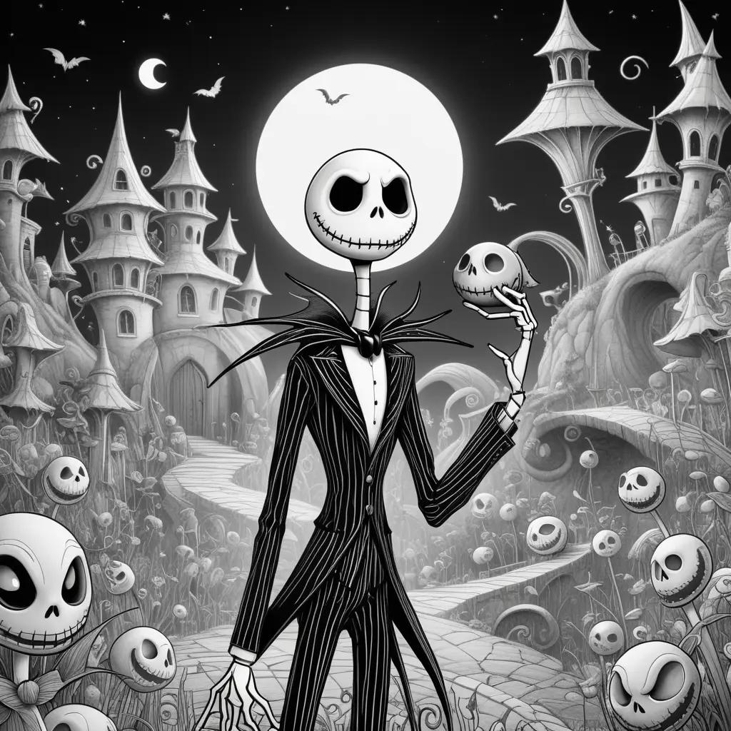 Jack Skellington coloring pages featuring a black and white illustration